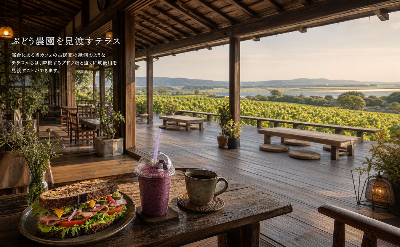 ぶどう農園を見渡すテラス
